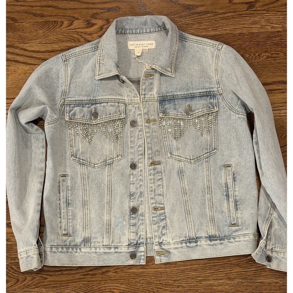 Saltwater Luxe Denim Jacket Large Rhinestone Fringe Bling Concert Jeans NWT